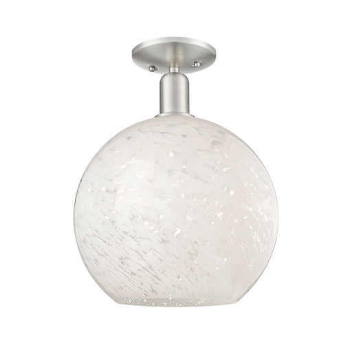 Innovations White Mouchette 12in 1-Light Semi-Flush Mount | Industrial Brushed Satin Nickel and White Mouchette Glass | Model 716-1C-SN-G1216-12WM
