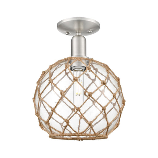 Innovations Farmhouse Rope 10in 1-Light Semi-Flush Mount | Industrial Brushed Satin Nickel and Clear Glass with Brown Rope | Model 716-1C-SN-G122-10RB