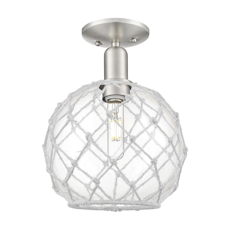 Innovations Farmhouse Rope 10in 1-Light Semi-Flush Mount | Industrial Brushed Satin Nickel and Clear Glass with White Rope | Model 716-1C-SN-G122-10RW