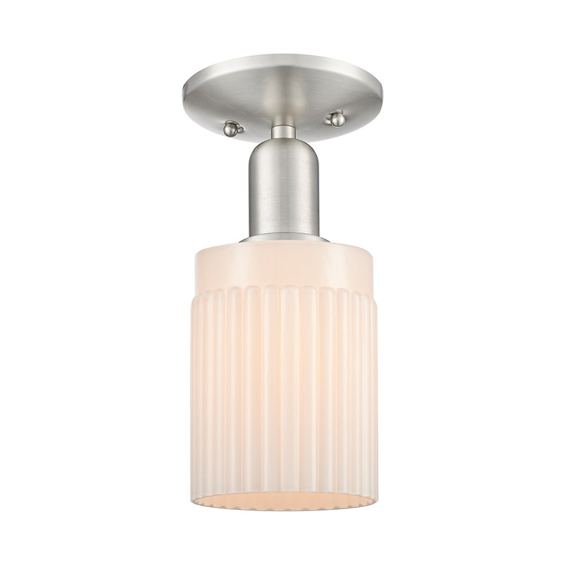 Innovations Hadley 4.5in 1-Light Semi-Flush | Industrial Brushed Satin Nickel and Matte White Ribbed Glass | Entryway & Hallway | Model 716-1C-SN-G341