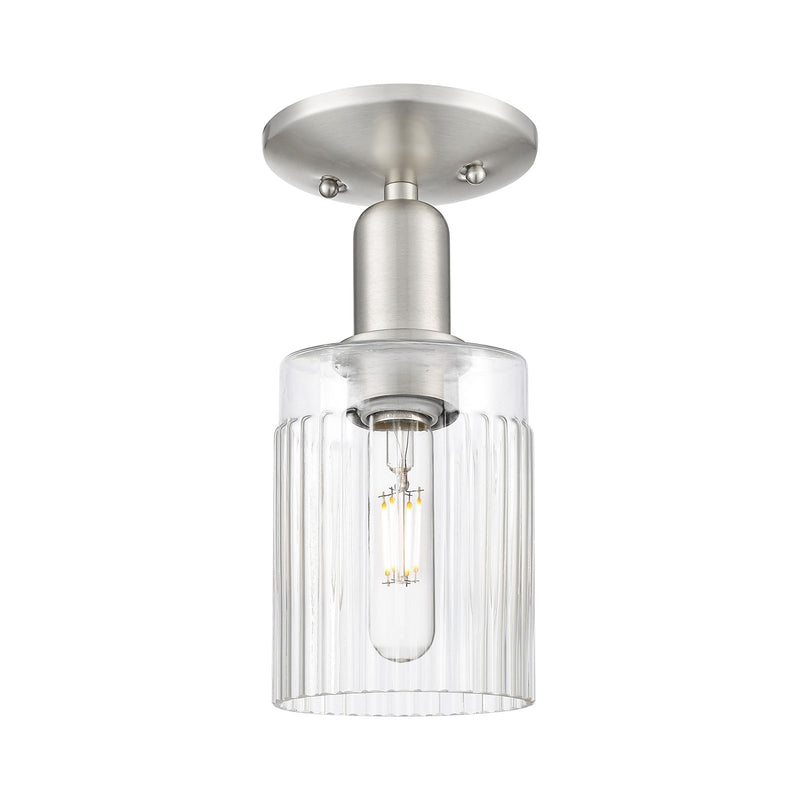 Innovations Hadley 1-Light 4.5in Semi-Flush | Industrial Brushed Satin Nickel Steel and Clear Ribbed Glass | Kitchen & Hallway | Model 716-1C-SN-G342