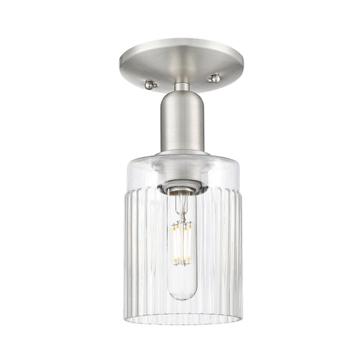 Innovations Hadley 1-Light 4.5in Semi-Flush | Industrial Brushed Satin Nickel Steel and Clear Ribbed Glass | Kitchen & Hallway | Model 716-1C-SN-G342