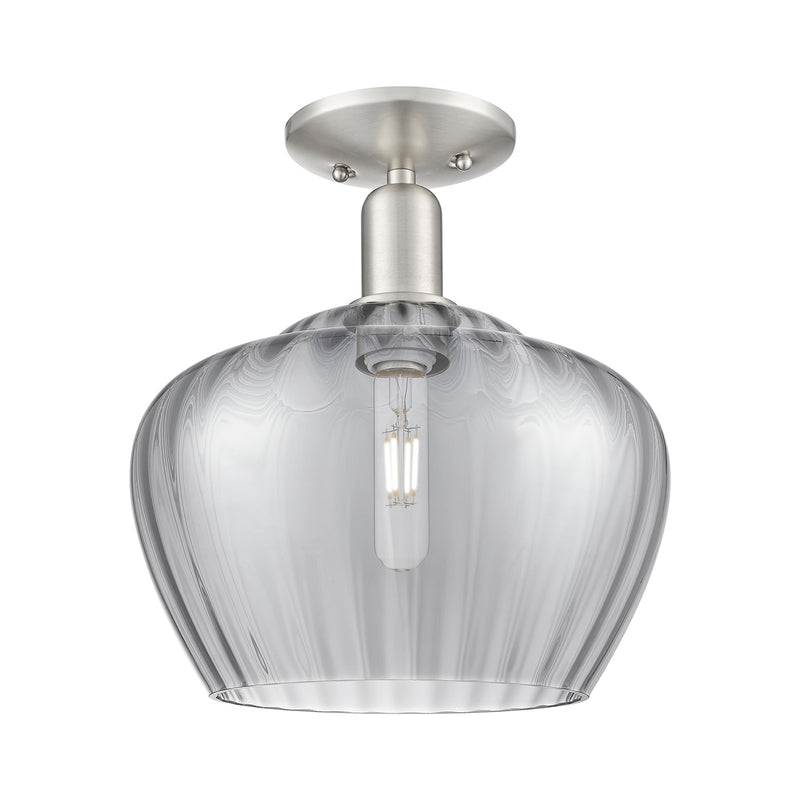 Innovations Fenton 11in 1-Light Semi-Flush | Industrial Brushed Satin Nickel and Light Smoke Ribbed Glass | Hallway & Entryway | Model 716-1C-SN-G93-L