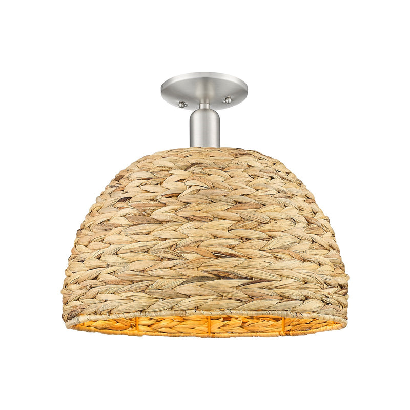 Innovations Arcadia 16in 1-Light Semi-Flush Mount | Industrial Brushed Satin Nickel and Natural Rattan Dome Shade | Living | Model 716-1C-SN-RBD-16-NAT