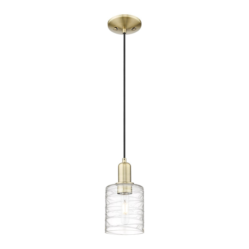 Innovations Cobbleskill 5in 1-Light Mini Pendant | Industrial Antique Brass and Deco Swirl Glass | Kitchen Island & Dining Room | Model 716-1P-AB-G1113