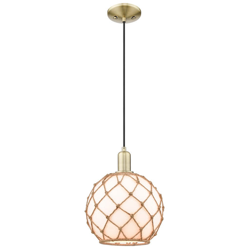 Innovations Farmhouse Rope 10in 1-Light Mini Pendant | Industrial Antique Brass Steel and Matte White Glass with Brown Rope | Model 716-1P-AB-G121-10RB