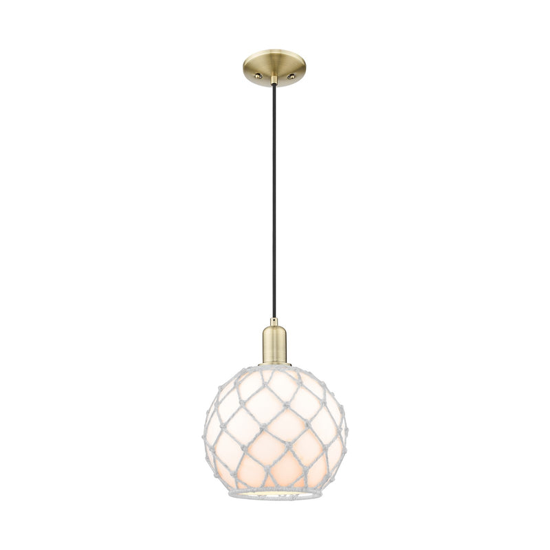Innovations Farmhouse Rope 10in 1-Light Mini Pendant | Industrial Antique Brass Steel and White Glass Rope Shade | Kitchen | Model 716-1P-AB-G121-10RW