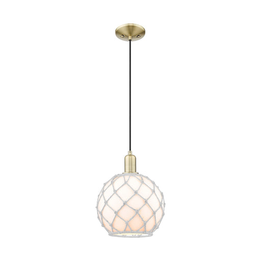 Innovations Farmhouse Rope 10in 1-Light Mini Pendant | Industrial Antique Brass Steel and White Glass Rope Shade | Kitchen | Model 716-1P-AB-G121-10RW