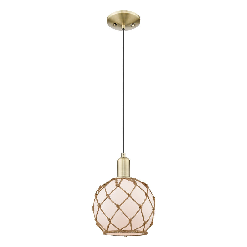 Innovations Farmhouse Rope 8in 1-Light Mini Pendant | Industrial Antique Brass and White Frosted Glass with Brown Rope | Model 716-1P-AB-G121-8RB