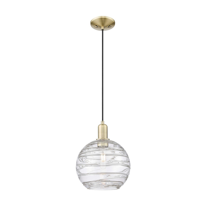 Innovations Athens Deco Swirl 10in 1-Light Mini Pendant | Industrial Antique Brass Steel and Clear Glass | Kitchen Island & | Model 716-1P-AB-G1213-10CL