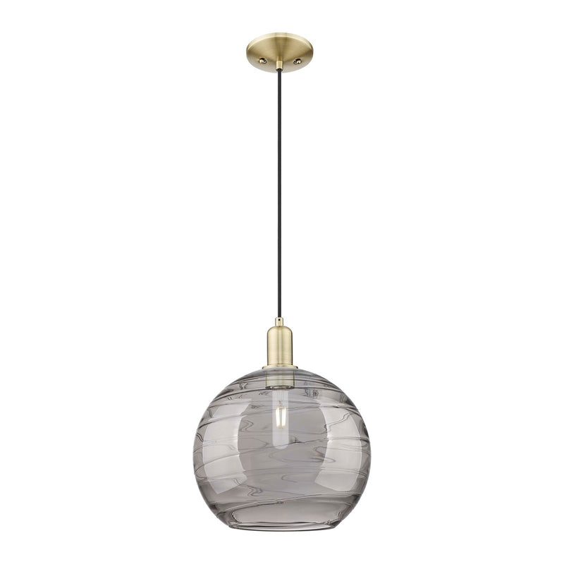 Innovations Athens Deco Swirl 12in 1-Light Mini Pendant | Industrial Antique Brass Steel and Light Smoke Glass | Kitchen | Model 716-1P-AB-G1213-12SM