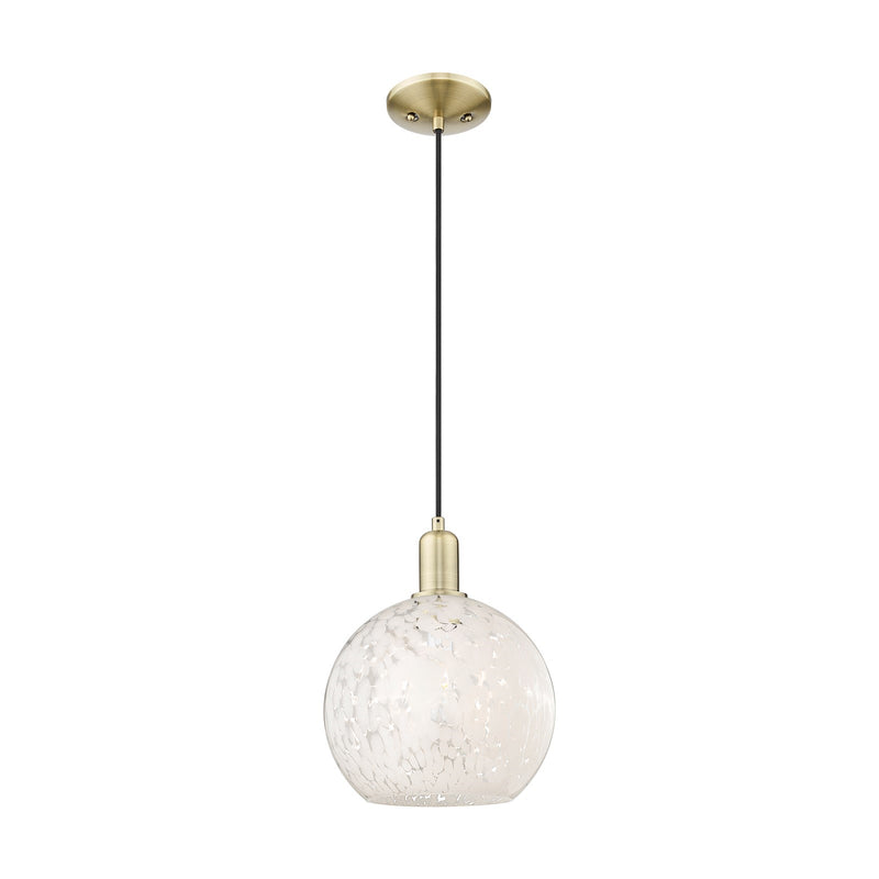 Innovations Lighting White Mouchette 10in 1-Light Mini Pendant | Industrial Antique Brass Steel and White Mouchette Glass | Model 716-1P-AB-G1216-10WM