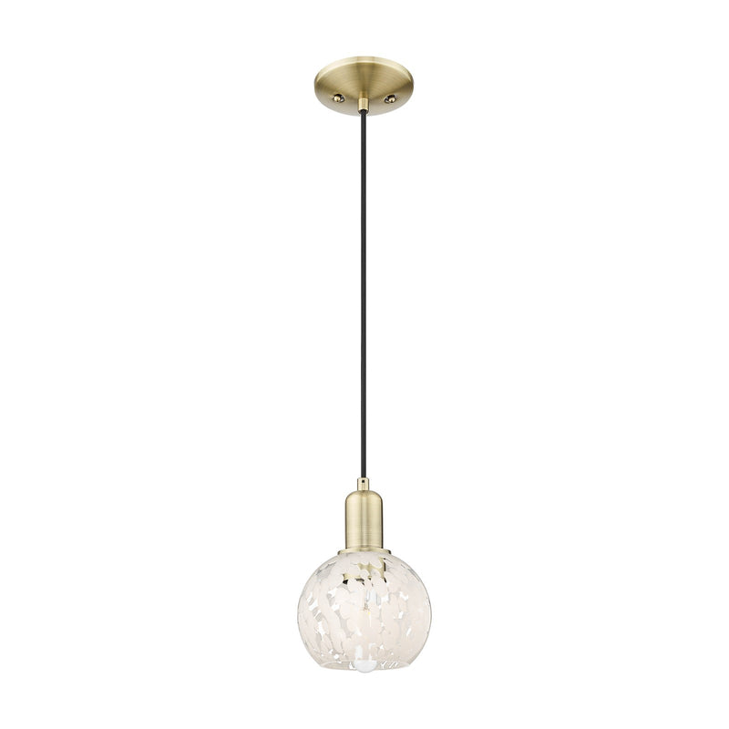 Innovations Lighting White Mouchette 6in 1-Light Mini Pendant | Industrial Antique Brass and White Mouchette Glass | Kitchen | Model 716-1P-AB-G1216-6WM