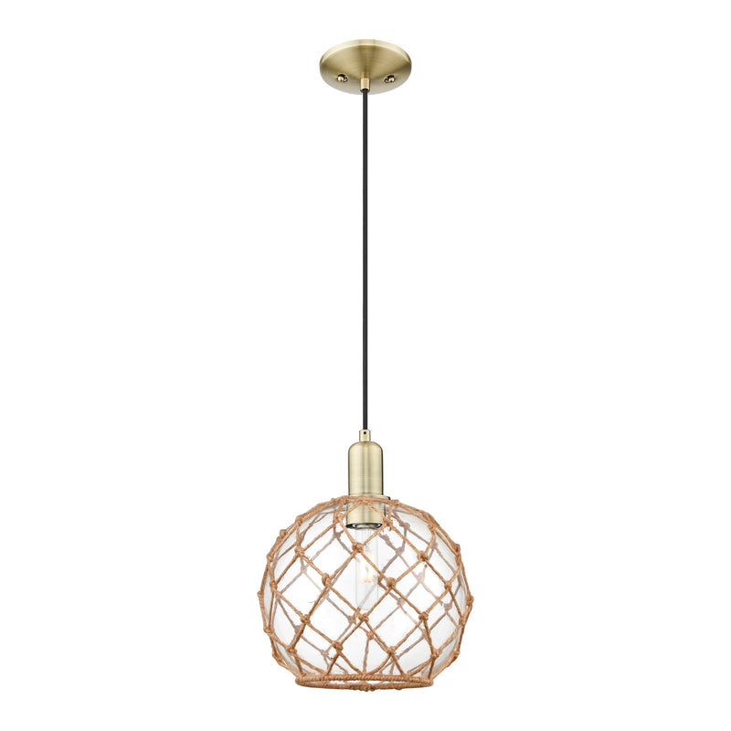 Innovations Farmhouse Rope 10in 1-Light Mini Pendant | Industrial Antique Brass Steel and Clear Glass with Brown Rope | Model 716-1P-AB-G122-10RB