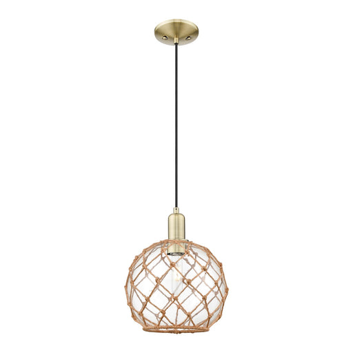 Innovations Farmhouse Rope 10in 1-Light Mini Pendant | Industrial Antique Brass Steel and Clear Glass with Brown Rope | Model 716-1P-AB-G122-10RB