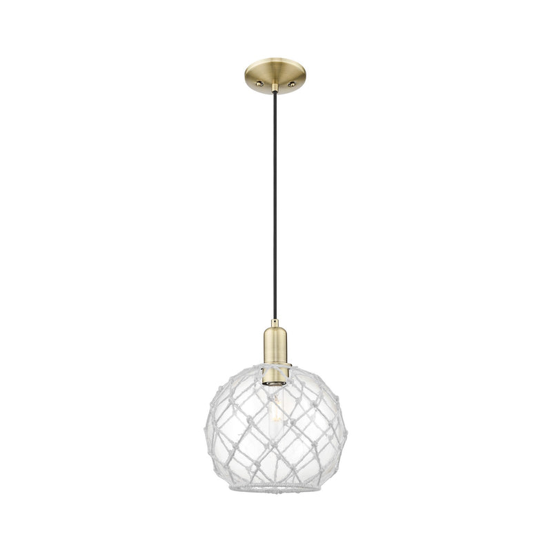 Innovations Farmhouse Rope 10in 1-Light Mini Pendant | Industrial Antique Brass Steel and Clear Glass with White Rope | Model 716-1P-AB-G122-10RW