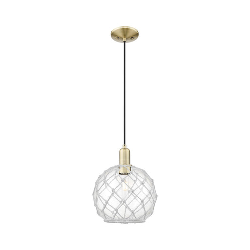 Innovations Farmhouse Rope 10in 1-Light Mini Pendant | Industrial Antique Brass Steel and Clear Glass with White Rope | Model 716-1P-AB-G122-10RW
