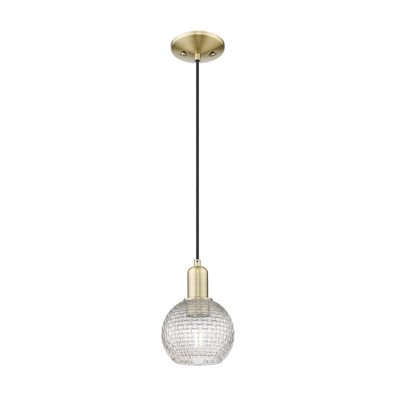 Innovations Athens 6in 1-Light Mini Pendant | Industrial Antique Brass Steel and Clear Basket Weave Glass | Kitchen Island & | Model 716-1P-AB-G122C-6CL
