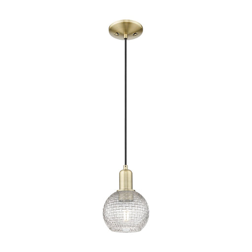 Innovations Athens 6in 1-Light Mini Pendant | Industrial Antique Brass Steel and Clear Basket Weave Glass | Kitchen Island & | Model 716-1P-AB-G122C-6CL