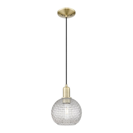 Innovations Athens 8in 1-Light Mini Pendant | Industrial Antique Brass Steel and Clear Basket Weave Glass | Kitchen Island & | Model 716-1P-AB-G122C-8CL