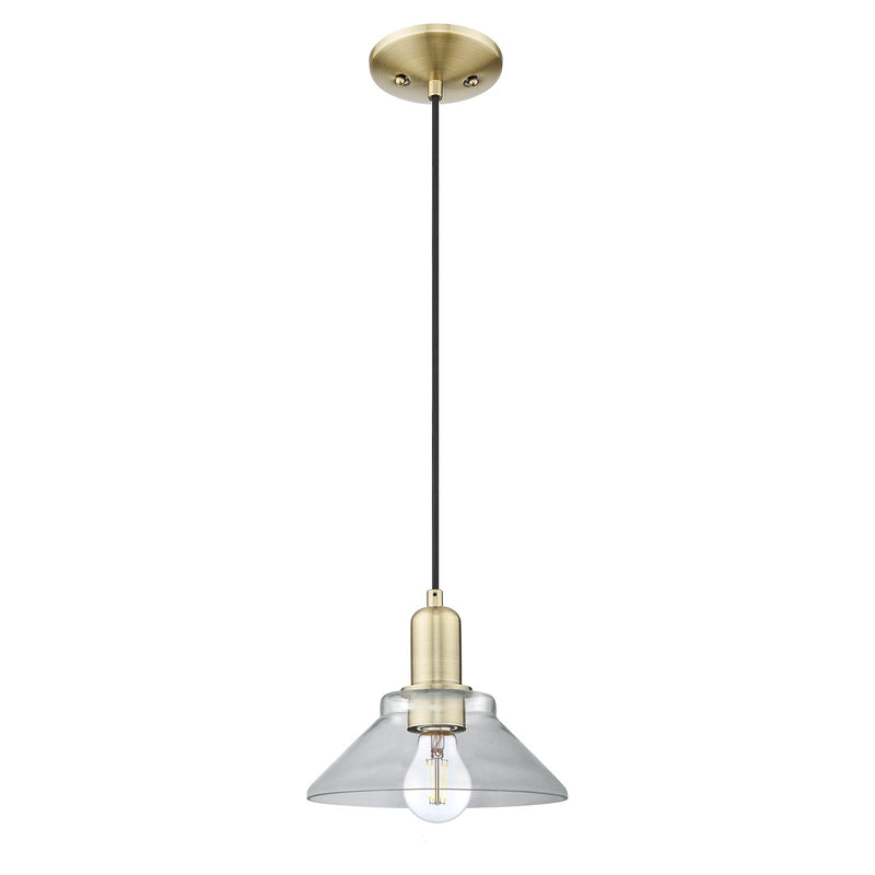 Innovations Orwell 8in 1-Light Mini Pendant | Industrial Antique Brass Steel and Clear Glass | Kitchen Island & Dining Room | 8.38 | Model 716-1P-AB-G132