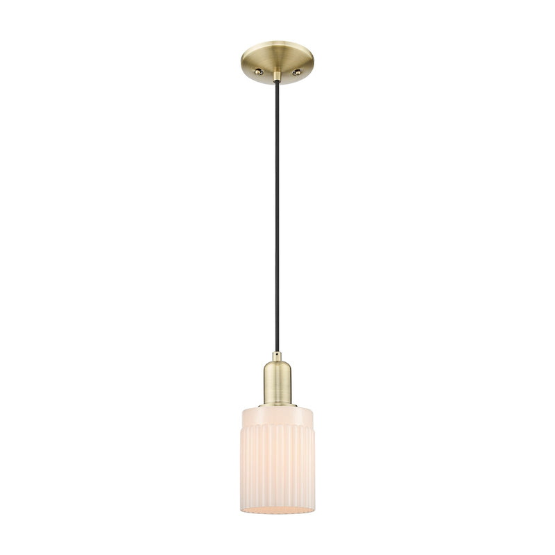 Innovations Hadley 4.5in 1-Light Mini Pendant | Industrial Antique Brass Steel and Matte White Ribbed Glass | Kitchen Island & | Model 716-1P-AB-G341