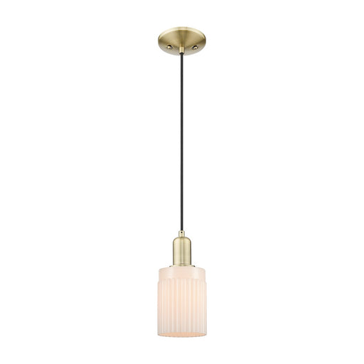 Innovations Hadley 4.5in 1-Light Mini Pendant | Industrial Antique Brass Steel and Matte White Ribbed Glass | Kitchen Island & | Model 716-1P-AB-G341