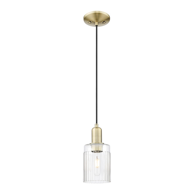 Innovations Hadley 4.5in 1-Light Mini Pendant | Industrial Antique Brass Steel and Clear Ribbed Glass | Kitchen Island & Dining | Model 716-1P-AB-G342