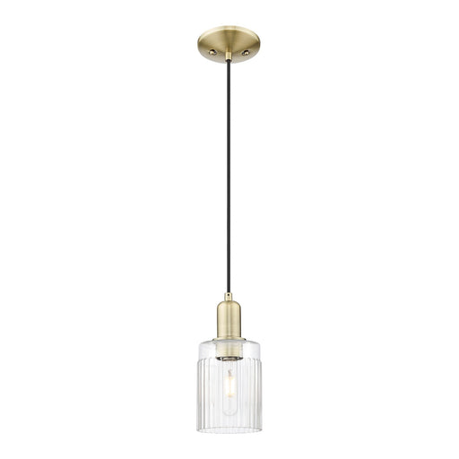 Innovations Hadley 4.5in 1-Light Mini Pendant | Industrial Antique Brass Steel and Clear Ribbed Glass | Kitchen Island & Dining | Model 716-1P-AB-G342