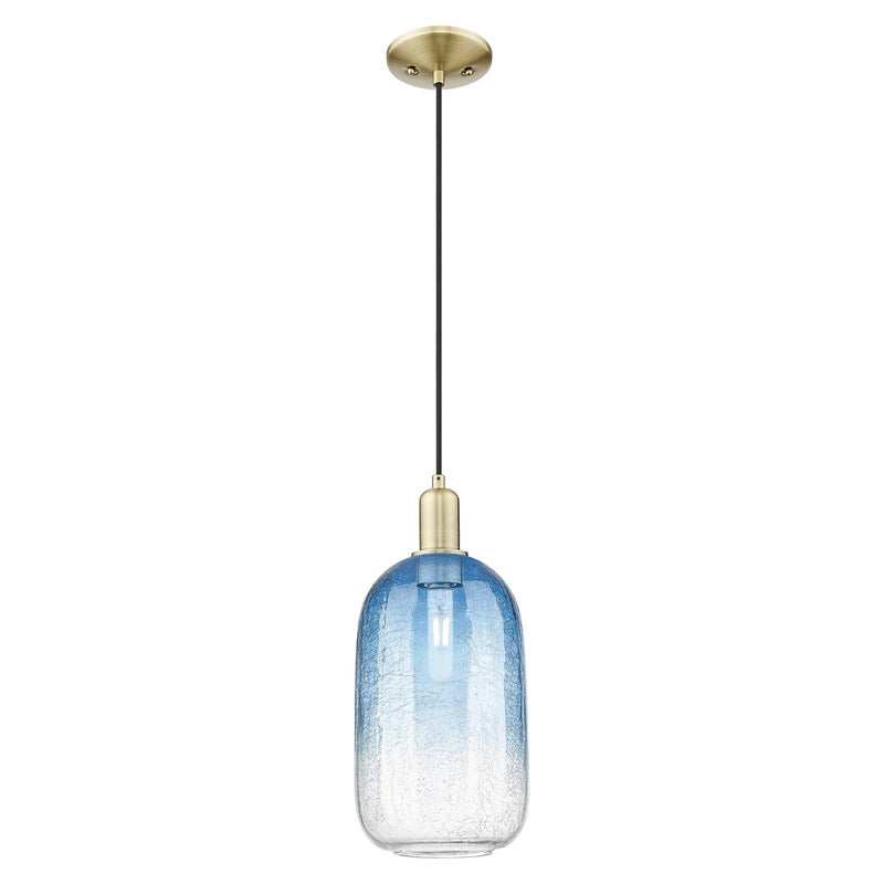Innovations Brookhaven Cloche 7in 1-Light Mini Pendant | Industrial Antique Brass Steel and Sapphire Blue Glass | Kitchen | Model 716-1P-AB-G482-7SB