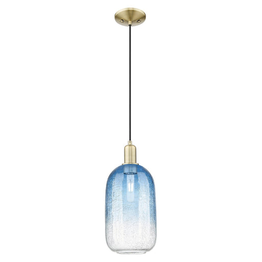 Innovations Brookhaven Cloche 7in 1-Light Mini Pendant | Industrial Antique Brass Steel and Sapphire Blue Glass | Kitchen | Model 716-1P-AB-G482-7SB