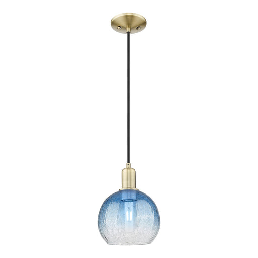 Innovations Brookhaven Globe 8in 1-Light Mini Pendant | Industrial Antique Brass Steel and Sapphire Blue Glass | Kitchen Island | Model 716-1P-AB-G483-8SB