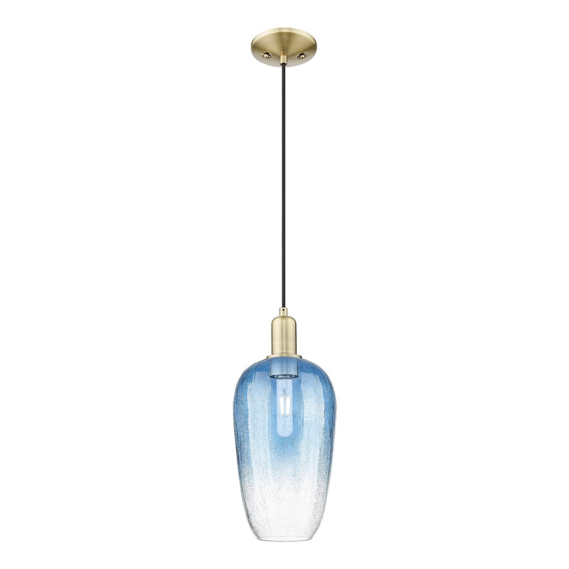 Innovations Brookhaven Flute 7in 1-Light Mini Pendant | Industrial Antique Brass and Sapphire Blue Glass | Kitchen Island & | Model 716-1P-AB-G484-7SB