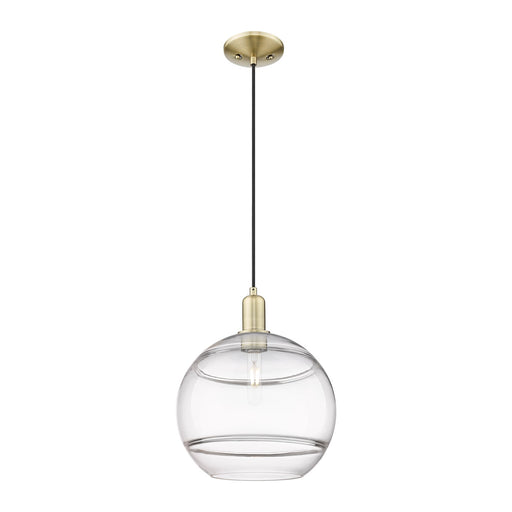 Innovations Rochester 12in 1-Light Mini Pendant | Industrial Antique Brass Steel and Clear Glass | Kitchen Island & Dining | Model 716-1P-AB-G556-12CL