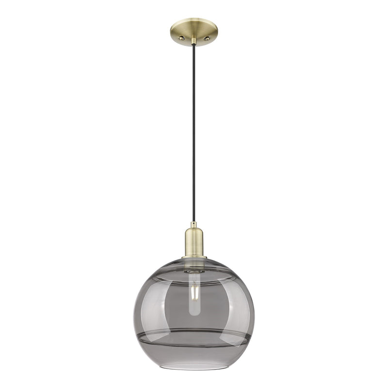 Innovations Rochester 12in 1-Light Mini Pendant | Industrial Antique Brass Steel and Light Smoked Glass | Kitchen Island & | Model 716-1P-AB-G556-12SM
