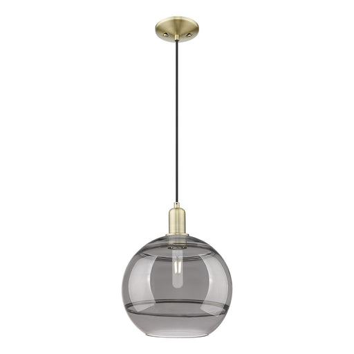 Innovations Rochester 12in 1-Light Mini Pendant | Industrial Antique Brass Steel and Light Smoked Glass | Kitchen Island & | Model 716-1P-AB-G556-12SM