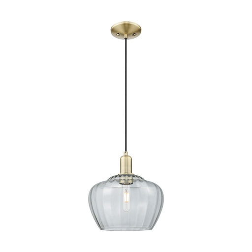 Innovations Fenton 11in 1-Light Mini Pendant | Industrial Antique Brass Steel and Clear Ribbed Glass | Kitchen Island & Dining | Model 716-1P-AB-G92-L