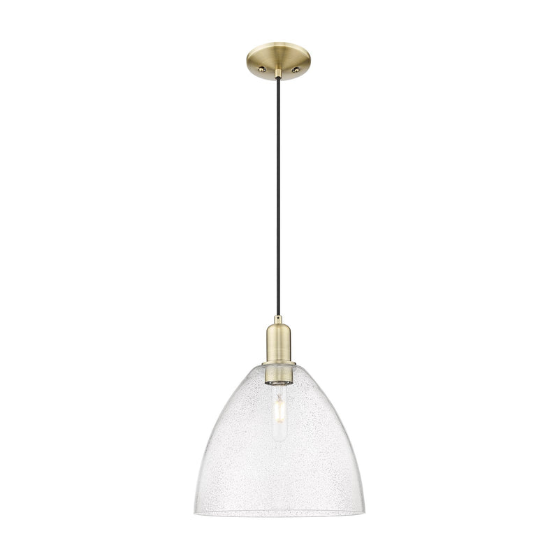 Innovations Bristol 12in 1-Light Mini Pendant | Industrial Antique Brass Steel and Seedy Glass | Kitchen Island & Dining Room | Model 716-1P-AB-GBD-124