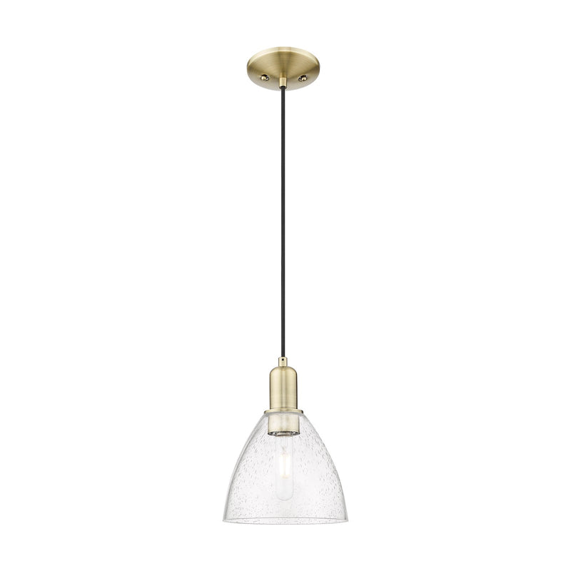 Innovations Bristol 7.5in 1-Light Mini Pendant | Industrial Antique Brass Steel and Seedy Glass | Kitchen Island & Dining Room | Model 716-1P-AB-GBD-754