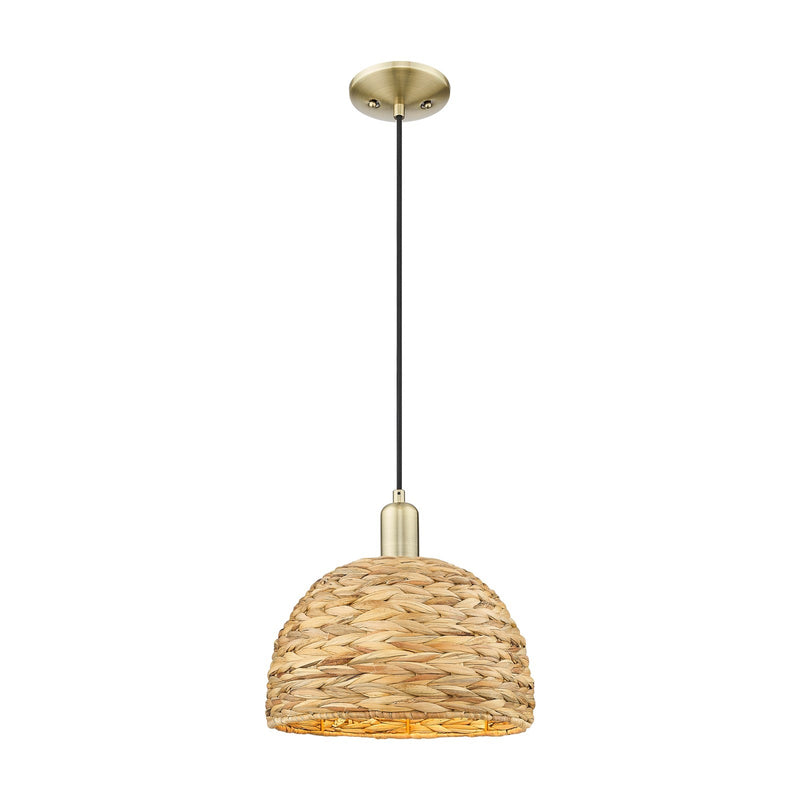 Innovations Arcadia 12in 1-Light Mini Pendant | Industrial Antique Brass Steel and Natural Rattan | Kitchen Island & Dining | Model 716-1P-AB-RBD-12-NAT