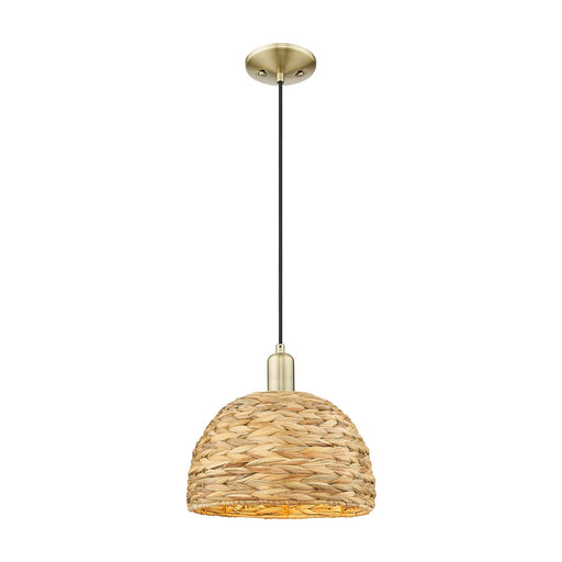 Innovations Arcadia 12in 1-Light Mini Pendant | Industrial Antique Brass Steel and Natural Rattan | Kitchen Island & Dining | Model 716-1P-AB-RBD-12-NAT