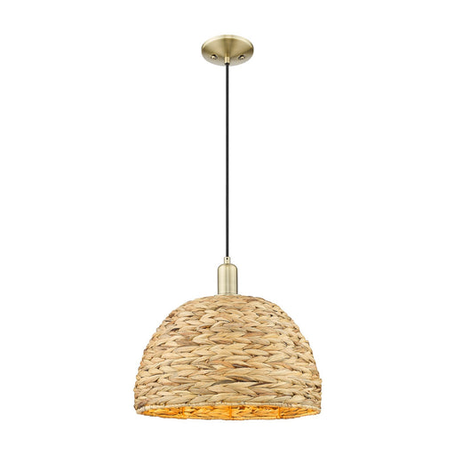 Innovations Woven Rattan 16in 1-Light Mini Pendant | Industrial Antique Brass and Natural Fiber Shade | Kitchen Island & | Model 716-1P-AB-RBD-16-NAT