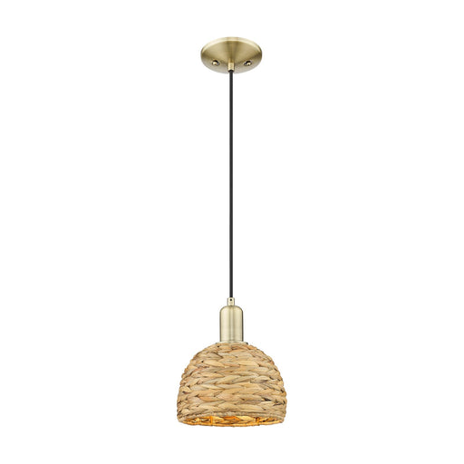 Innovations Woven Rattan 8in 1-Light Mini Pendant | Rustic Antique Brass Steel and Natural Woven Rattan | Kitchen Island & | Model 716-1P-AB-RBD-8-NAT