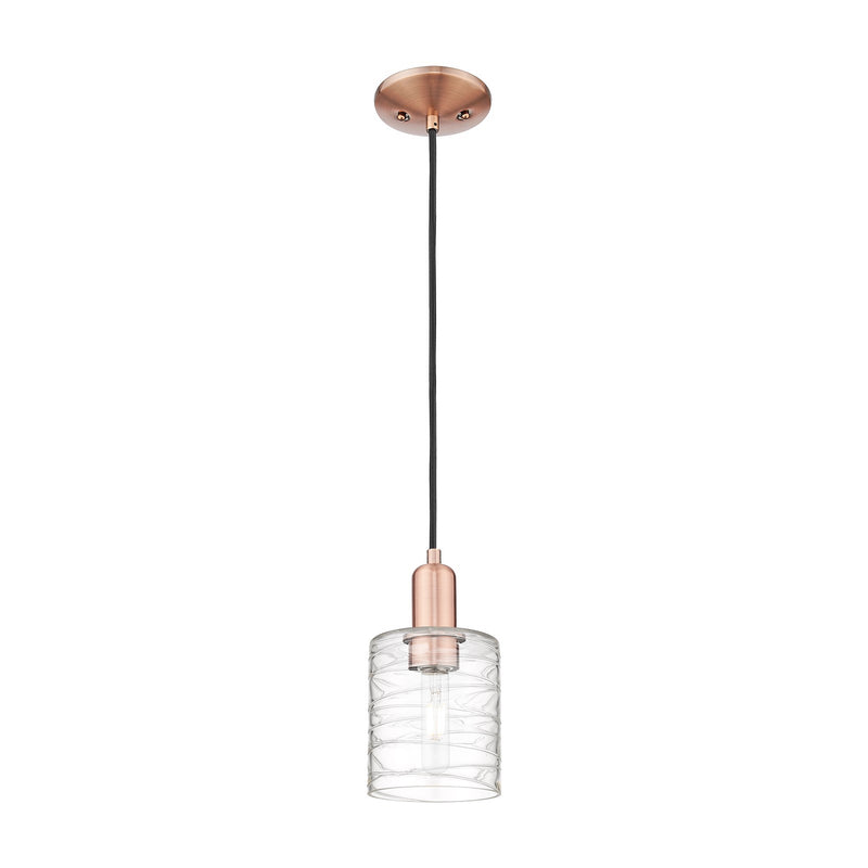 Innovations Cobbleskill 5in 1-Light Mini Pendant | Industrial Antique Copper and Deco Swirl Clear Glass | Kitchen Island & Dining | Model 716-1P-AC-G1113