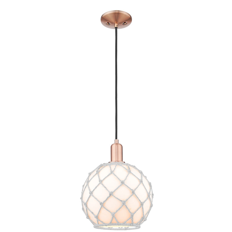 Innovations Farmhouse Rope 10in 1-Light Mini Pendant | Industrial Antique Copper Steel and White Glass Rope Shade | Kitchen | Model 716-1P-AC-G121-10RW