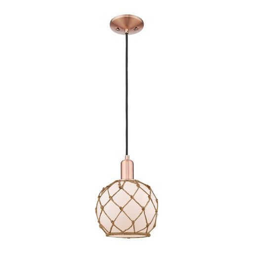 Innovations Farmhouse Rope 8in 1-Light Mini Pendant | Industrial Antique Copper Steel and White Frosted Glass with Brown Rope | Model 716-1P-AC-G121-8RB