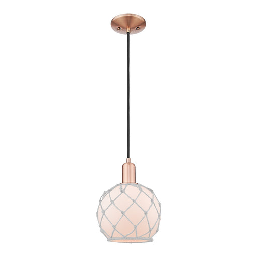 Innovations Farmhouse Rope 8in 1-Light Mini Pendant | Industrial Antique Copper Steel and White Glass with White Rope | Kitchen | Model 716-1P-AC-G121-8RW