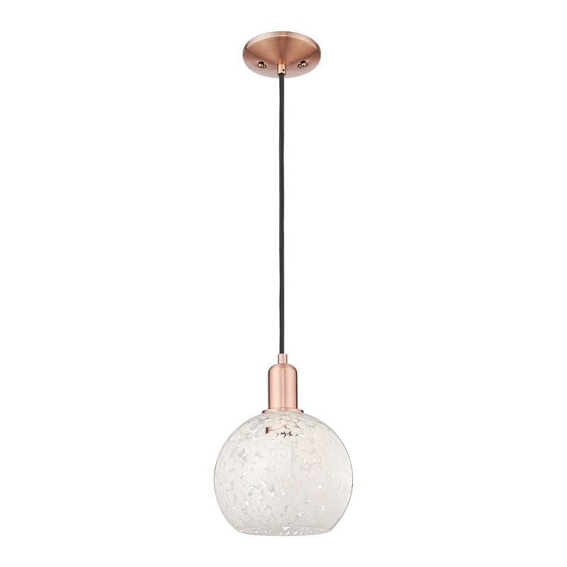 Innovations Lighting White Mouchette 8in 1-Light Mini Pendant | Industrial Modern Contempo Antique Copper Steel and White | Model 716-1P-AC-G1216-8WM