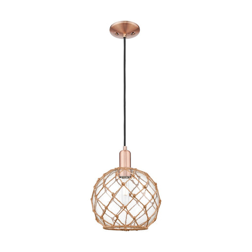Innovations Farmhouse Rope 10in 1-Light Mini Pendant | Industrial Antique Copper Steel and Clear Glass with Brown Rope | Model 716-1P-AC-G122-10RB