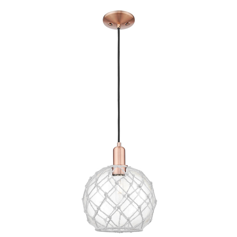 Innovations Farmhouse Rope 10in 1-Light Mini Pendant | Industrial Antique Copper Steel and Clear Glass with White Rope | Model 716-1P-AC-G122-10RW